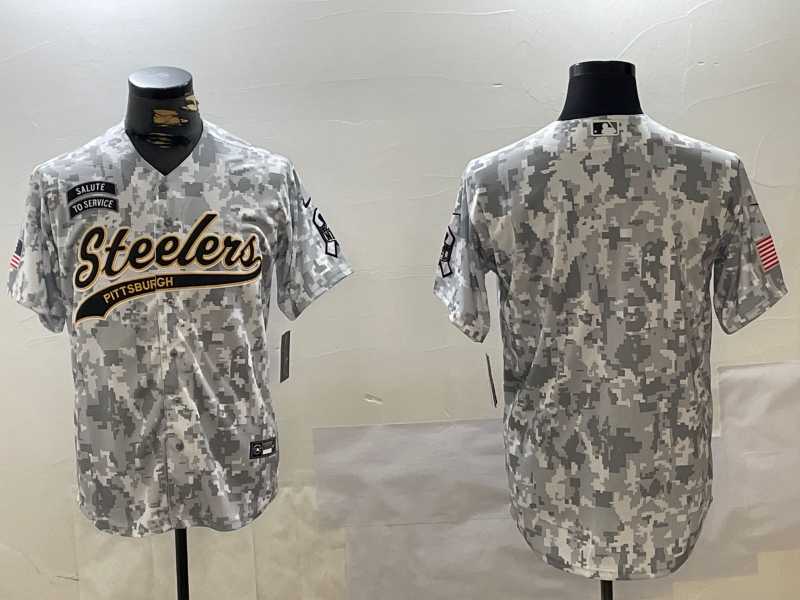 Men%27s Pittsburgh Steelers Team Logo 2024 Arctic Camo Salute to Service Stitched Baseball Jersey